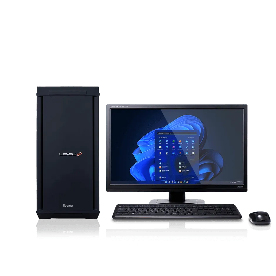 パソコンのセットの写真です。黒いPCケース、モニター、キーボード、マウスが写っています。