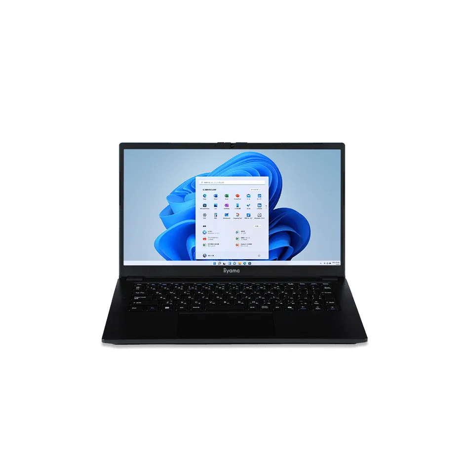 黒色のノートパソコンの正面画像。画面にはWindows 11のデスクトップが表示されており、iiyamaのロゴが下部に表示されています。