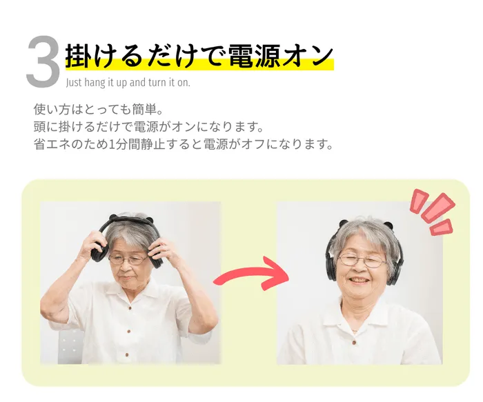 ヘッドホンをかけると電源が入り、1分間静止すると電源がオフになることを説明した画像