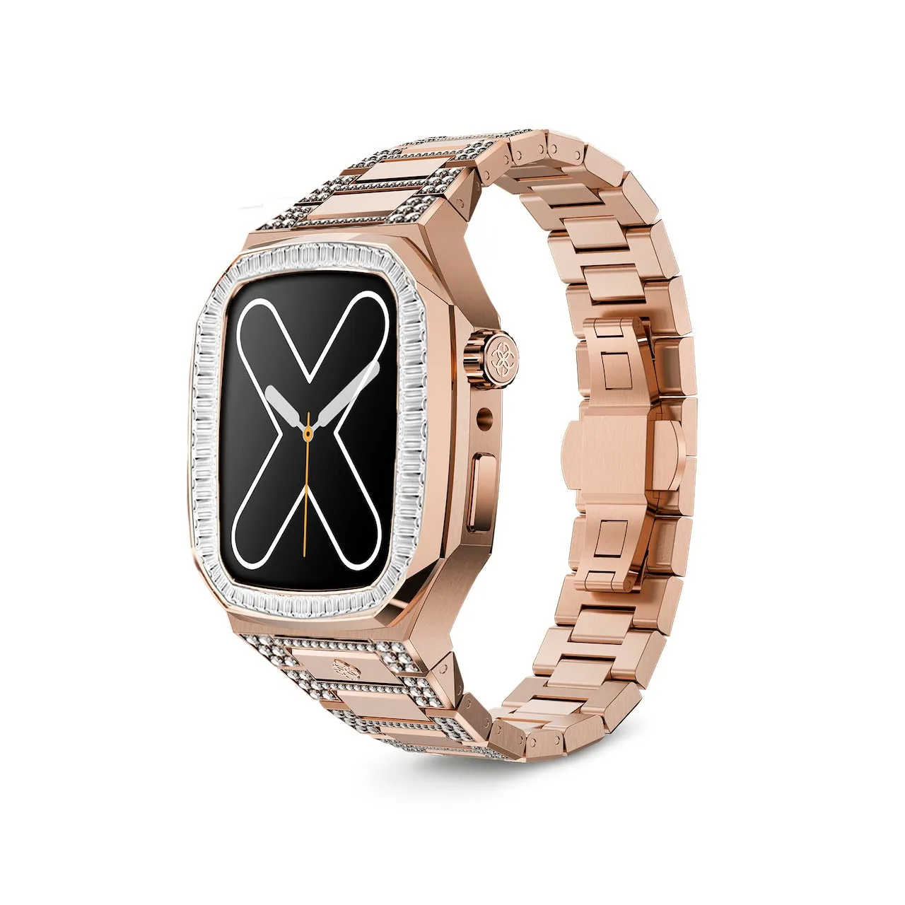 ローズゴールドのApple Watch。文字盤は黒で、白いXの形と金の針のデザイン。ベゼルとバンドにはダイヤモンドが装飾されている。