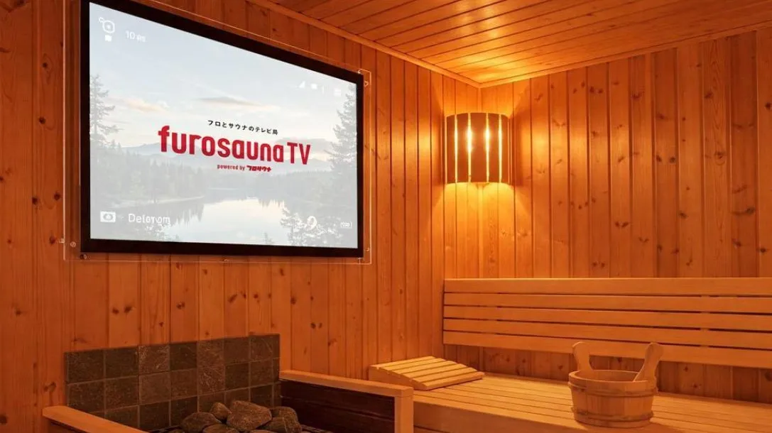 サウナ室の様子。壁にはテレビが設置され、番組が表示されている。