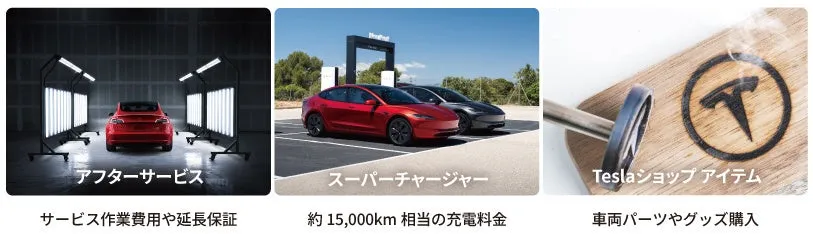 テスラのサービスを紹介する画像。アフターサービス、スーパーチャージャー、Teslaショップアイテムの3つの項目に分けられ、それぞれサービス内容が説明されている。