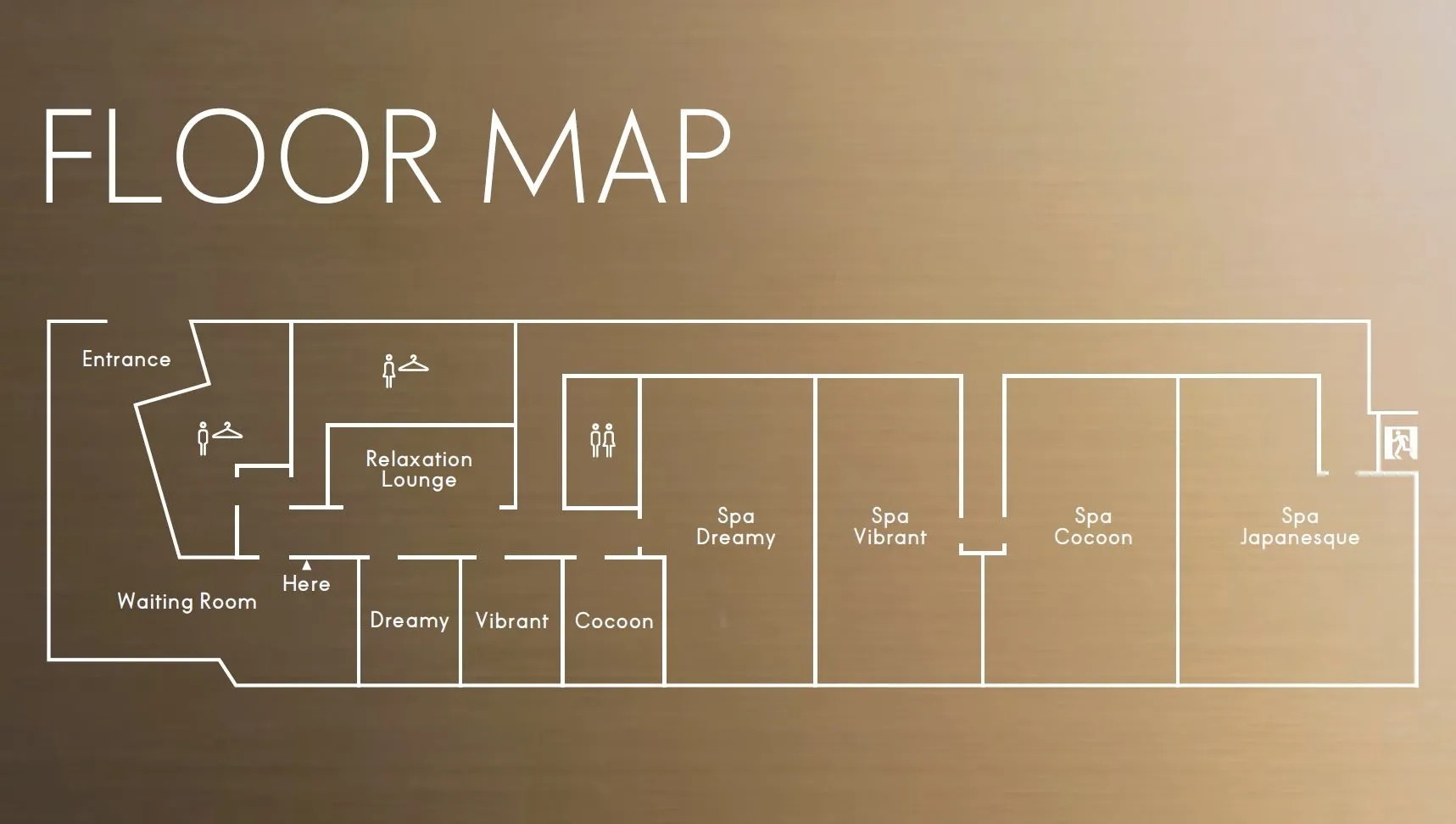 スパ施設のフロアマップです。入口、待合室、リラクゼーションラウンジ、スパ（Dreamy、Vibrant、Cocoon、Japanesque）が示されています。