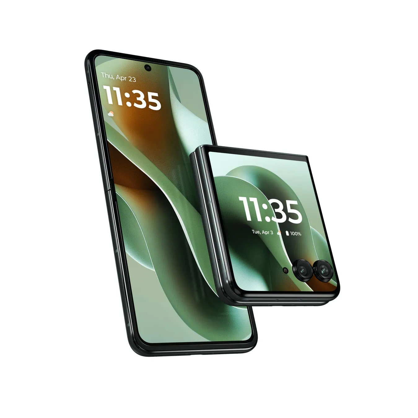 開いた状態と折りたたんだ状態の2台のスマートフォンが並んで表示されています。両方の画面には「11:35」の時刻と、緑色を基調とした抽象的な壁紙が表示されており、現代的なモバイルデバイスのデザインと機能性を強調しています。