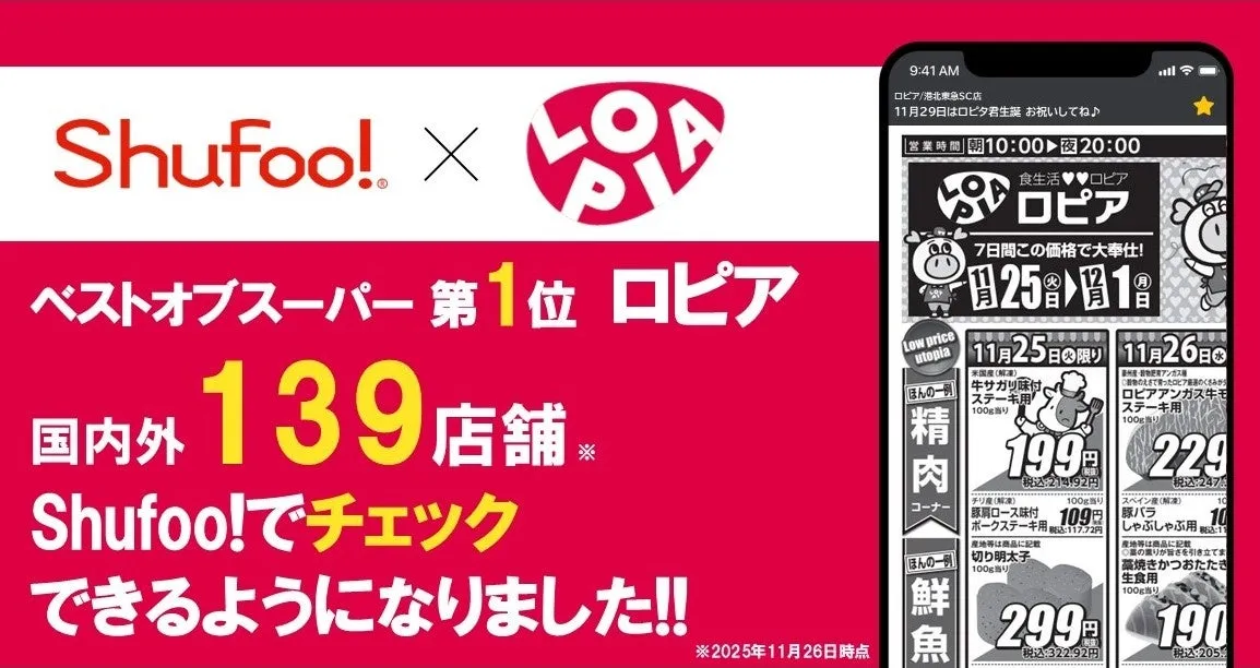 ロピアとShufoo!のコラボ広告。Shufoo!でロピアのチラシをチェックできるようになったこと、期間限定のセール情報などが記載されています。