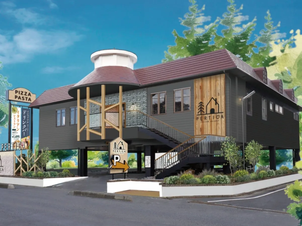 レストラン「PERTICA」の外観のCG。木材を基調としたデザインで、駐車場の案内看板や階段が見える。