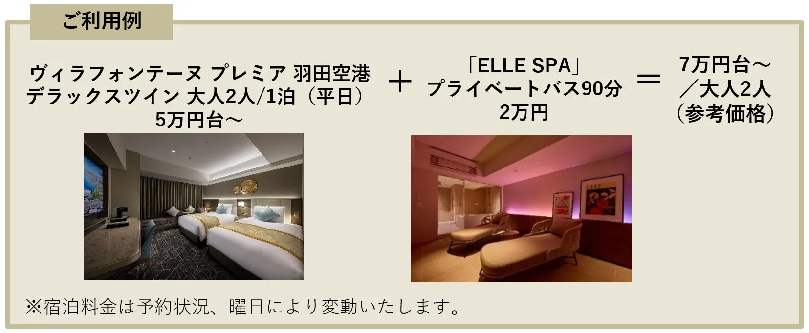 ヴィラフォンテーヌプレミア羽田空港のデラックスツイン大人2人1泊（平日）と、ELLE SPAのプライベートバス90分を組み合わせた利用例。料金は7万円台〜/大人2人（参考価格）です。
