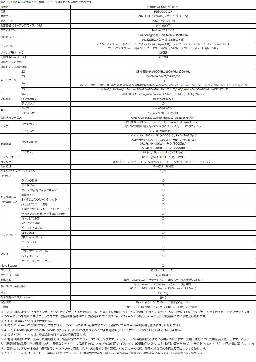 Motorola razr 60 ultraの主要スペック表。Android 13、Snapdragon 8 Elite Platform、メイン7.0インチ/サブ4.0インチpOLEDディスプレイ、5000万画素カメラ、4700mAhバッテリーを搭載。価格は199,800円。