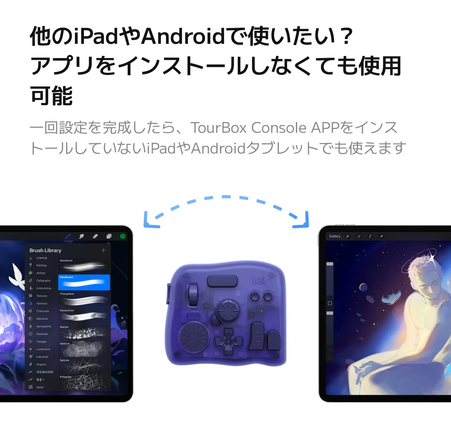 TourBox Console APPの使用方法を示した画像です。iPadやAndroidデバイスで、アプリをインストールしなくても使用できることが強調されています。