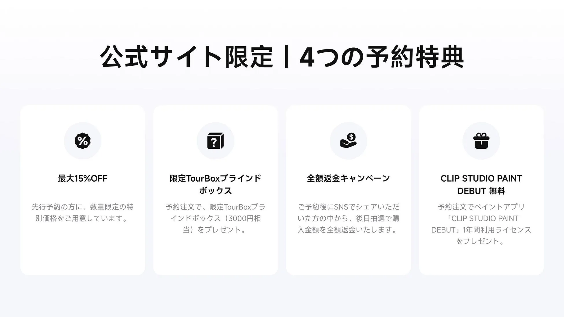 公式ウェブサイト限定の4つの予約特典を紹介する画像。