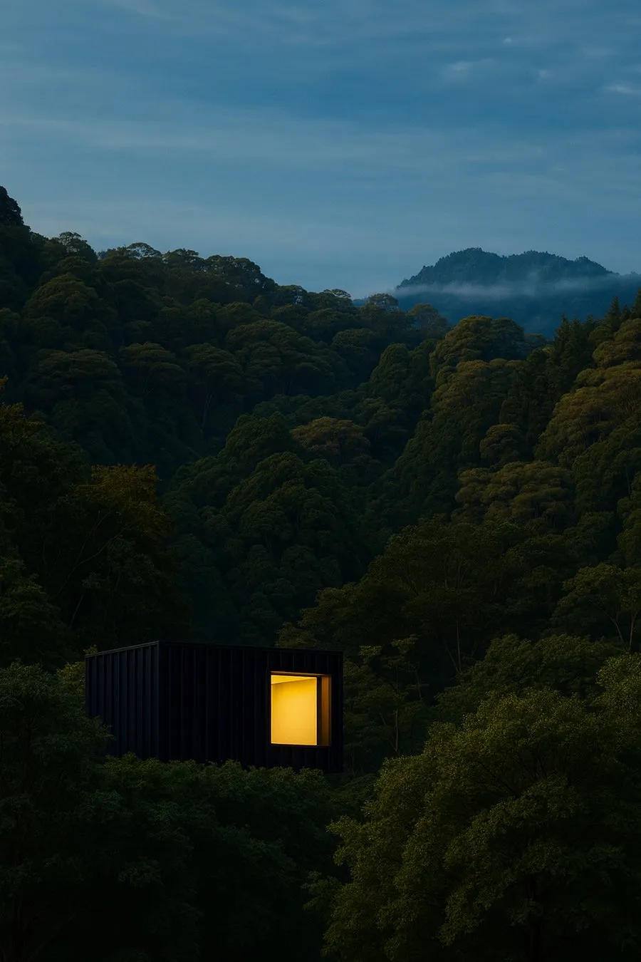 深い森の中にひっそりと佇むモダンな建物が写っています。夜の闇に包まれた森の中で、建物の一つの窓から温かい光が漏れ、周囲の静けさと美しいコントラストをなしています。遠くには霞んだ山々が見え、神秘的な雰囲気を醸し出しています。