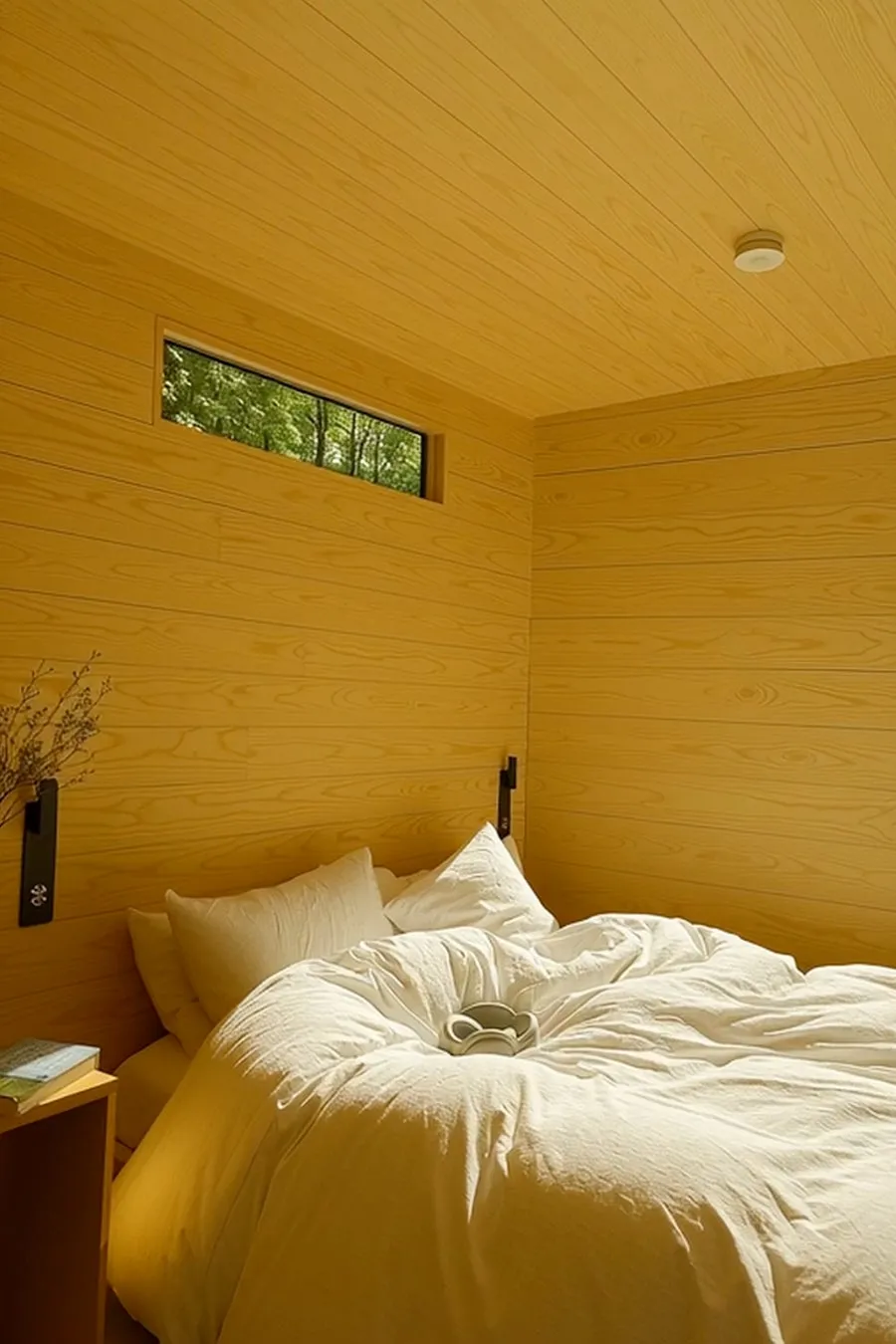 明るい木材の壁と天井で統一された寝室の画像です。白い寝具が置かれたベッドがあり、上部には外の緑豊かな木々が見える横長の窓があります。シンプルでナチュラルな雰囲気の空間です。