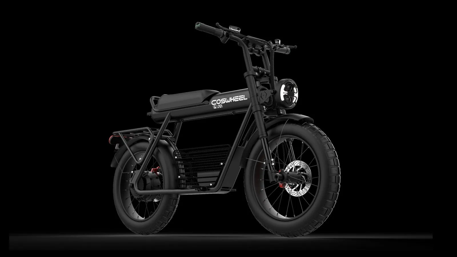 黒色の電動自転車が黒い背景に配置された画像です。