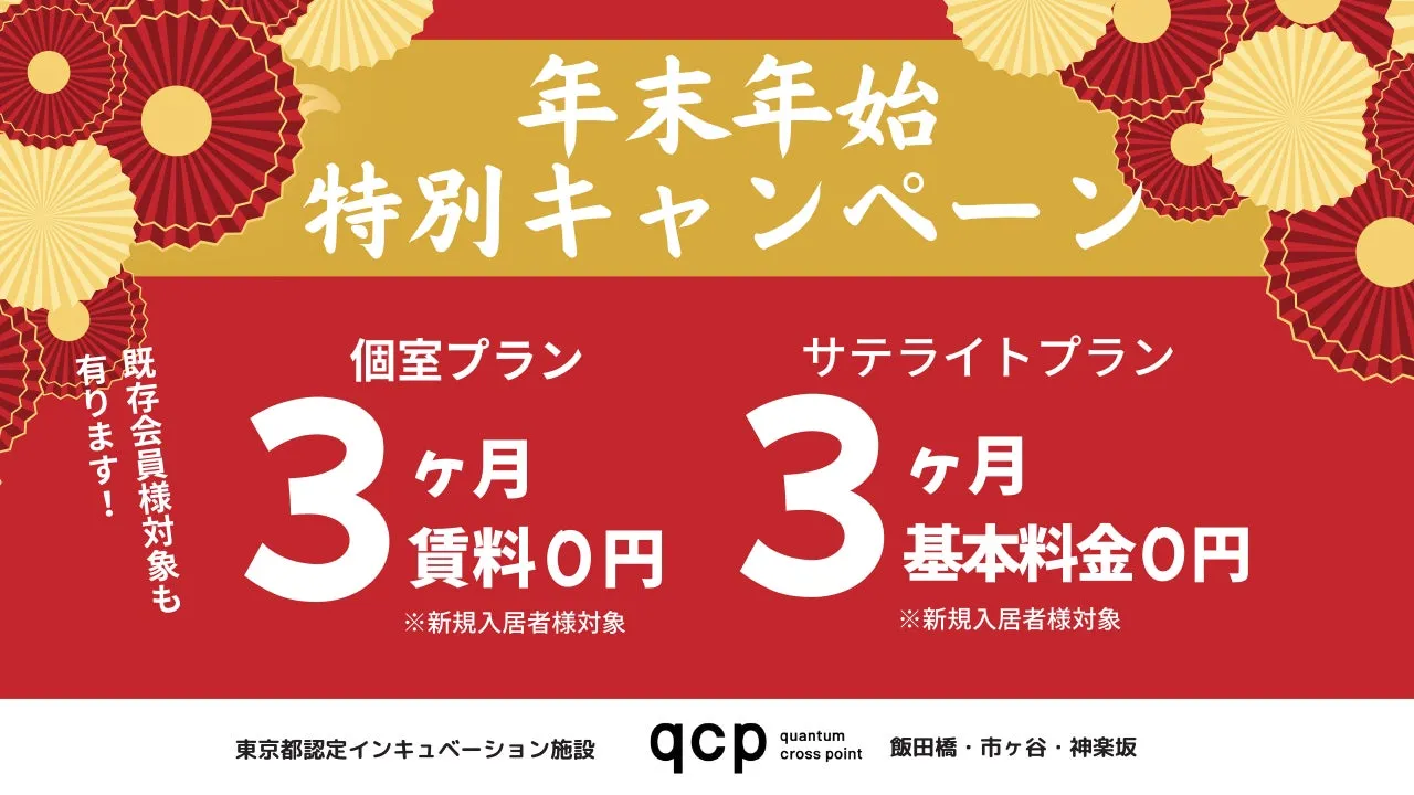 年末年始特別キャンペーンの広告。個室プランとサテライトプランがあり、それぞれ3ヶ月間、賃料または基本料金が無料になる。既存会員も対象。