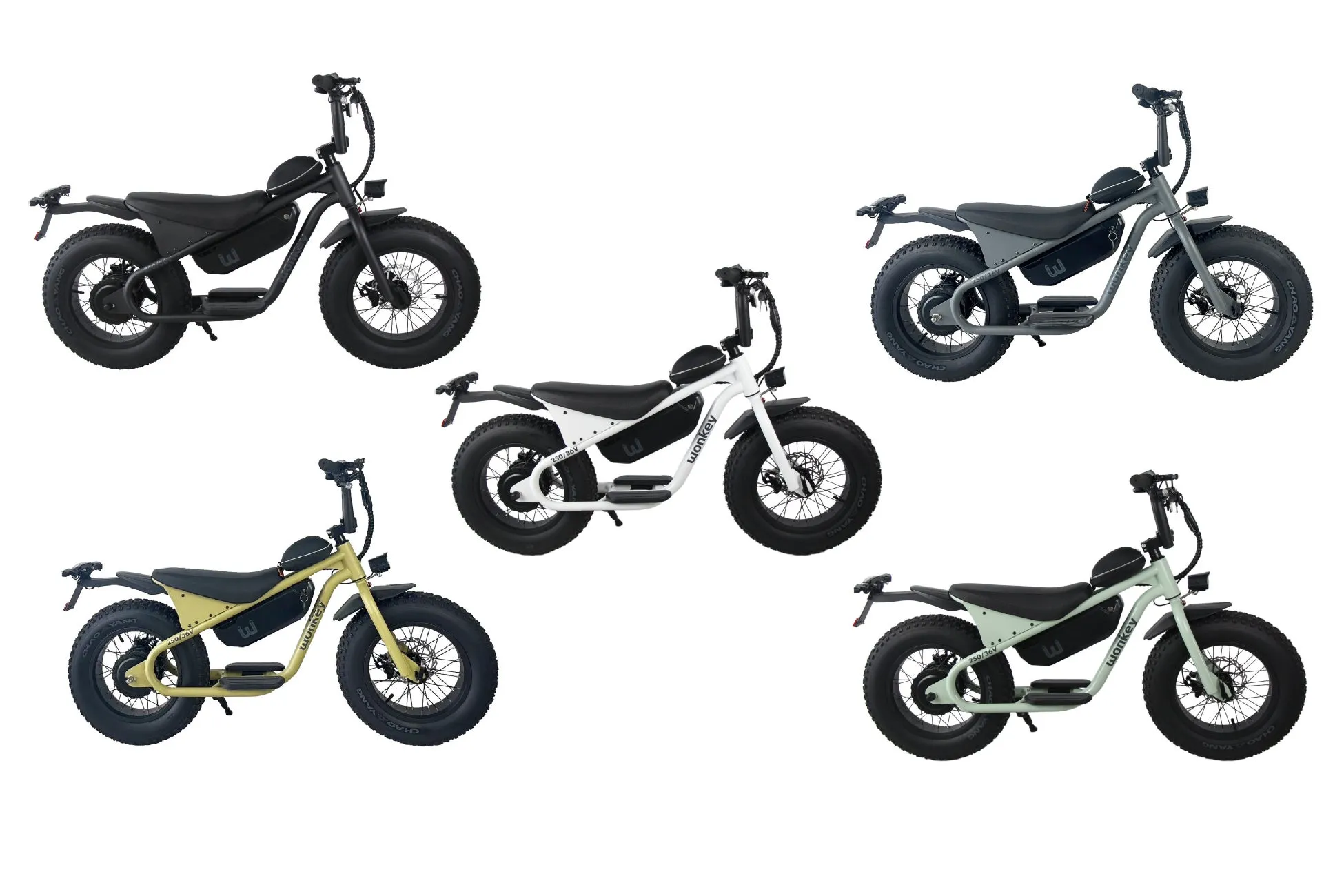 WONKEYブランドのファットタイヤ電動自転車5台が、黒、白、グレー、カーキ、ミントグリーンの異なる色で、白い背景に並べられています。