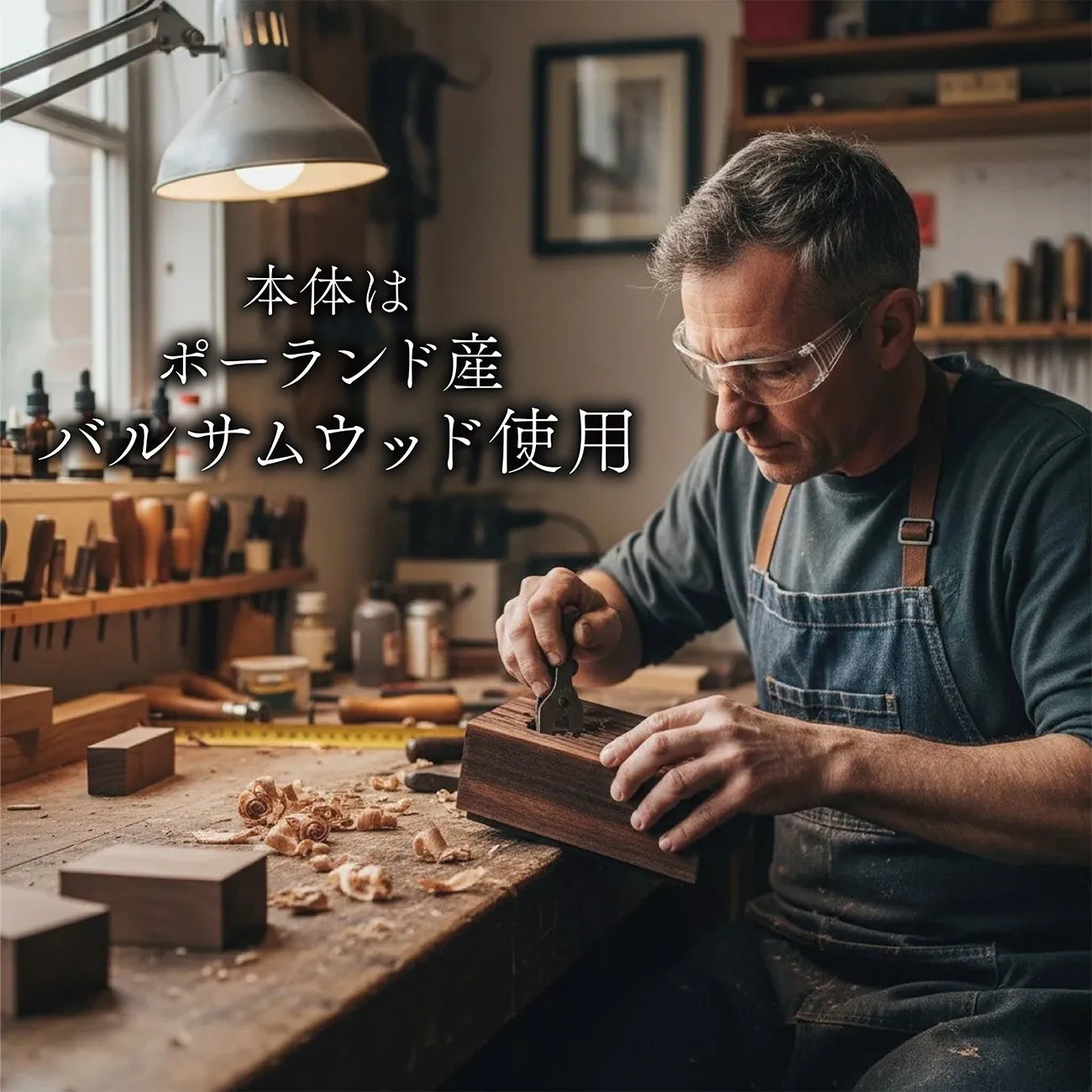 木工職人が木材を加工している様子。