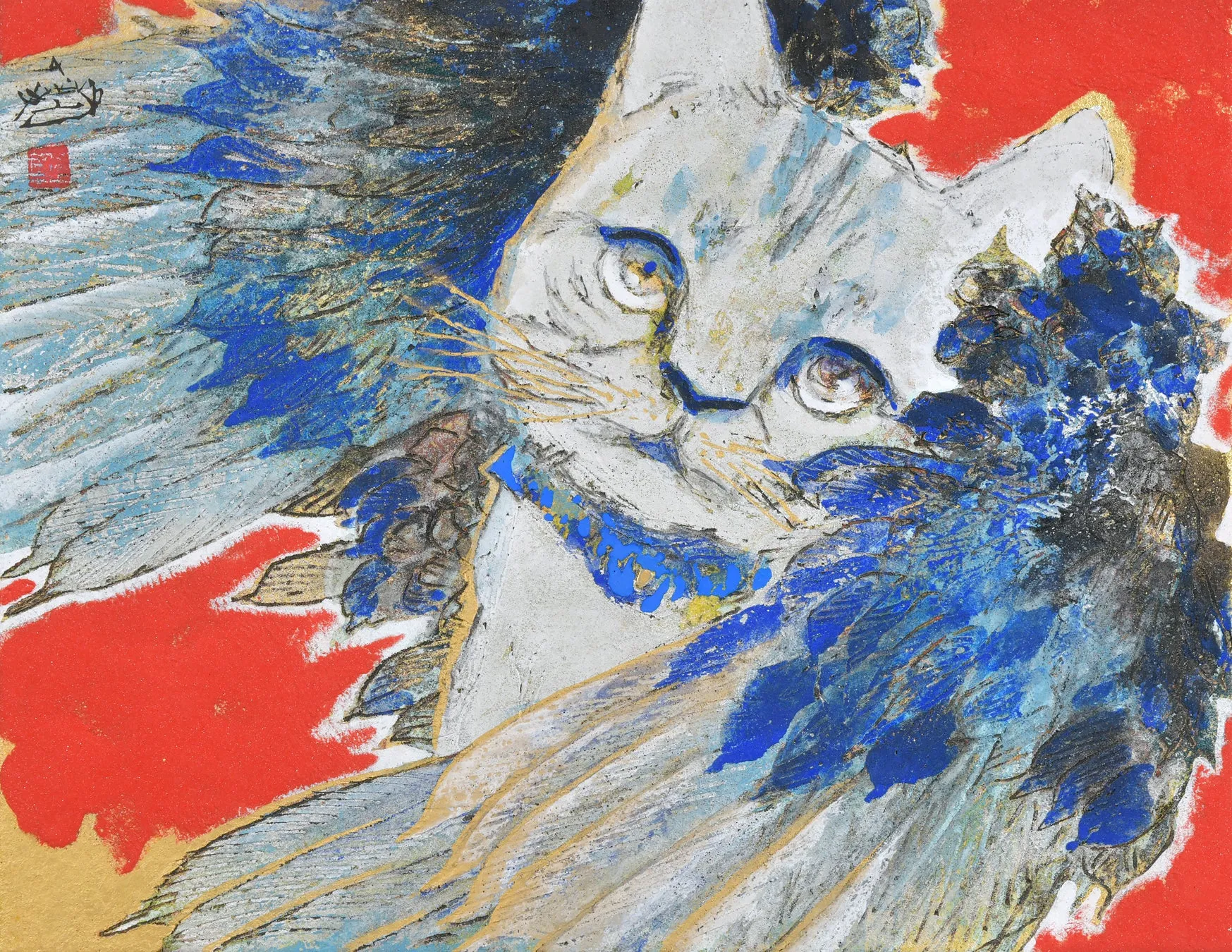 青い羽根を持つ猫の絵