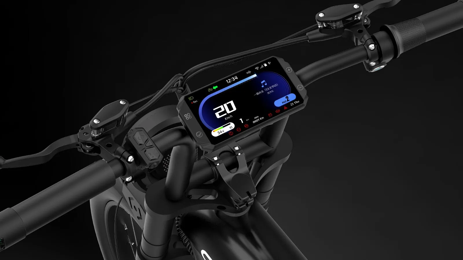 電動自転車のハンドル周りのクローズアップ。速度計には20km/hと表示され、バッテリー残量や音楽再生状況なども確認できる。