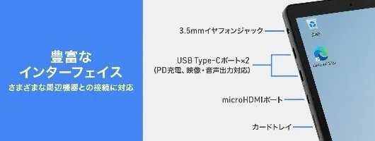 タブレットのインターフェースを紹介する画像。3.5mmイヤホンジャック、USB Type-Cポート、microHDMIポート、カードトレイなどの接続端子が示されている。
