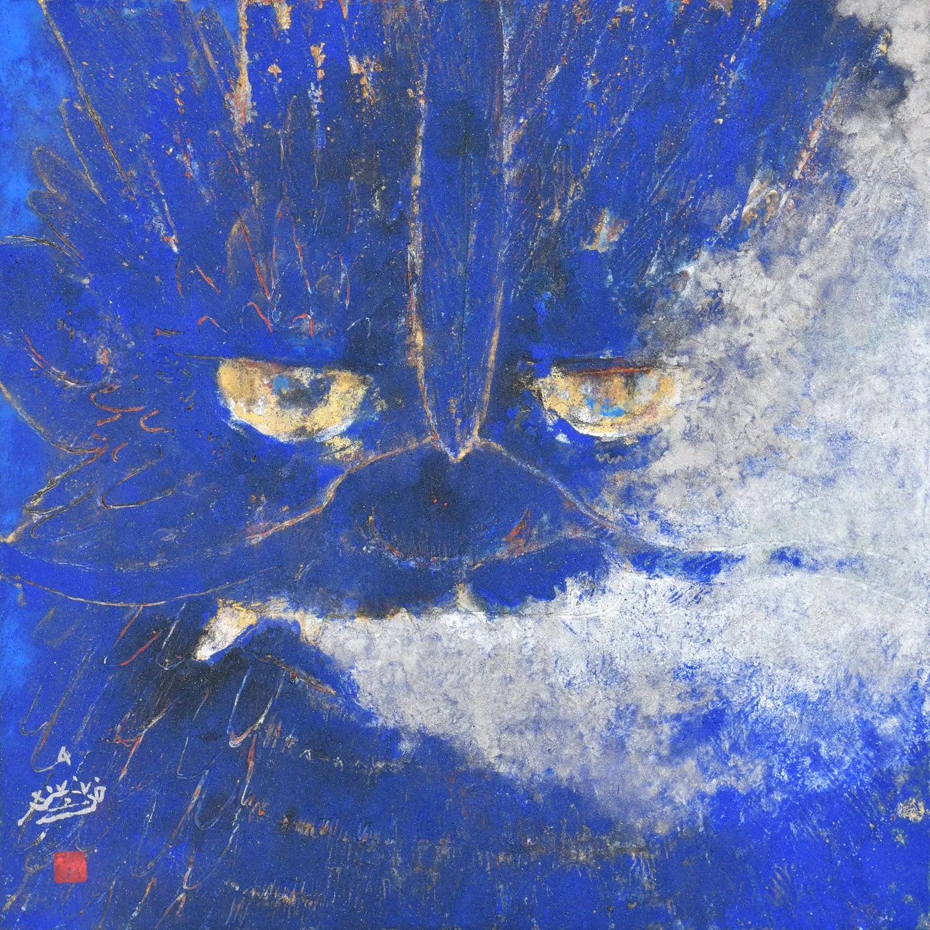 金色の目が印象的な抽象画