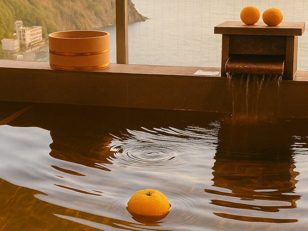 露天風呂に浮かぶみかんと、外の景色