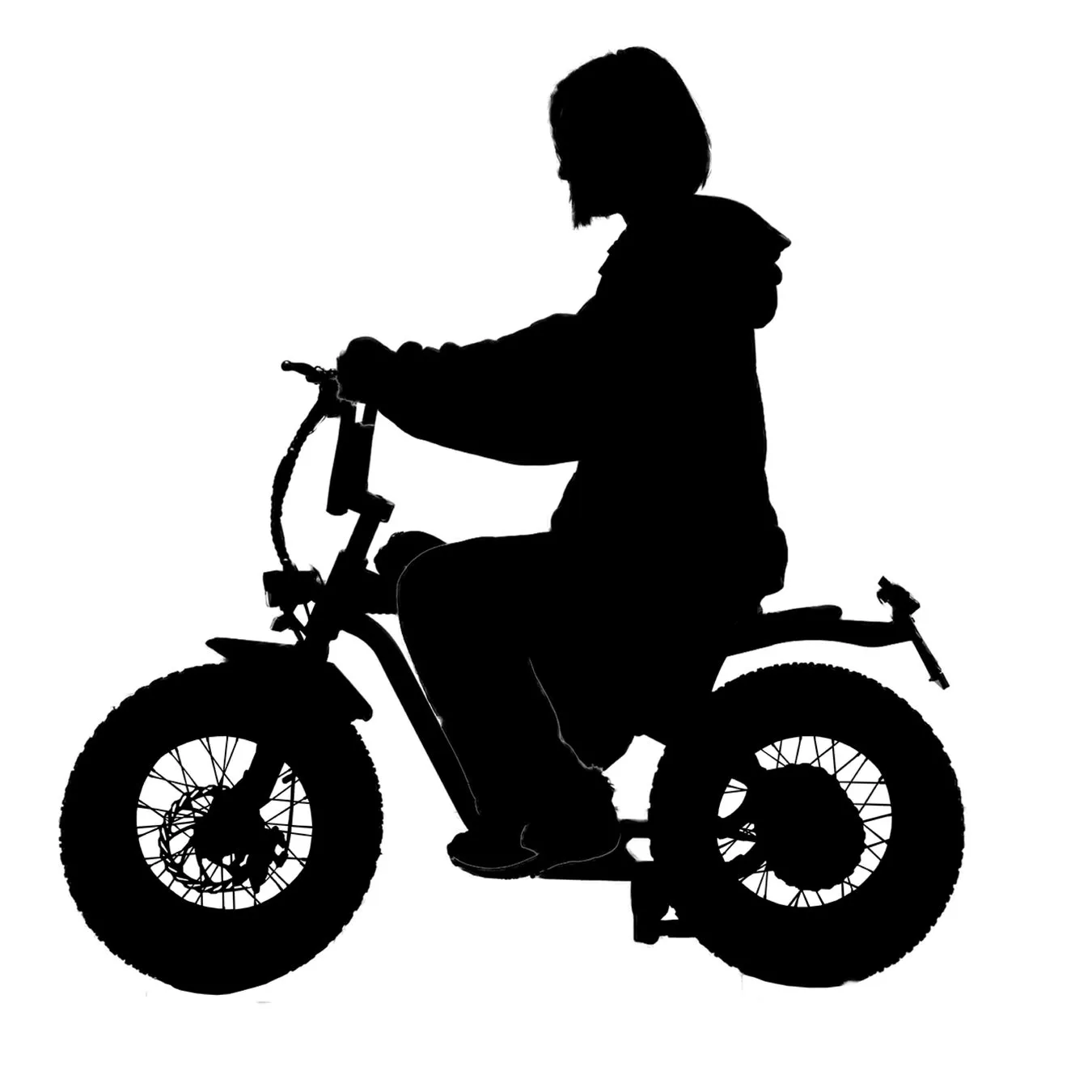 白い背景に、太いタイヤの自転車に乗る人物の黒いシルエットが描かれています。
