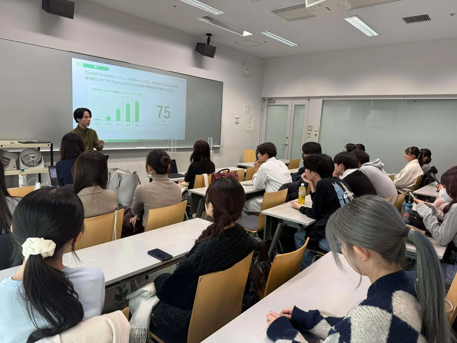 プレゼンテーション風景とスクリーンに映るグラフ