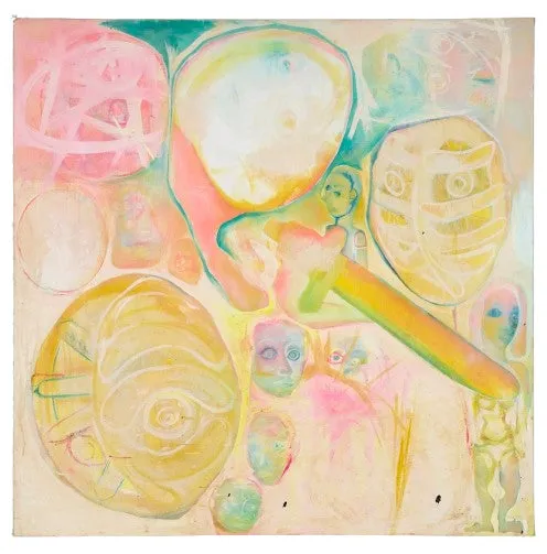 抽象的な絵画で、さまざまな形や顔が描かれています。パステルカラーが使用され、全体的に柔らかい印象を与えています。