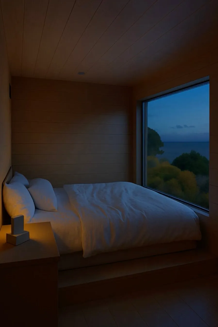 海に面した窓がある寝室の夜景。木製の壁と天井で囲まれた部屋には、白い寝具のベッドと温かい光を放つランプが置かれ、落ち着いた雰囲気を醸し出しています。