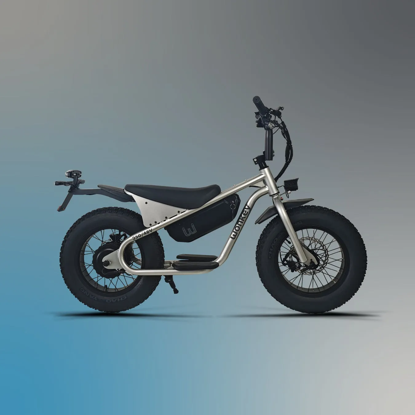 シルバーのフレームが特徴的な電動ファットバイクが、シンプルなグラデーションの背景に置かれています。