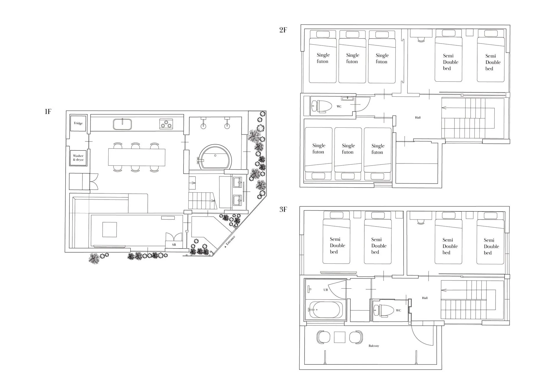 3階建ての建物の間取り図です。1階にはリビングダイニング、キッチン、洗濯乾燥機、風呂、庭があり、2階と3階は寝室フロアで、シングル布団とセミダブルベッドが配置されています。各階にトイレ、3階にはバルコニーもあります。