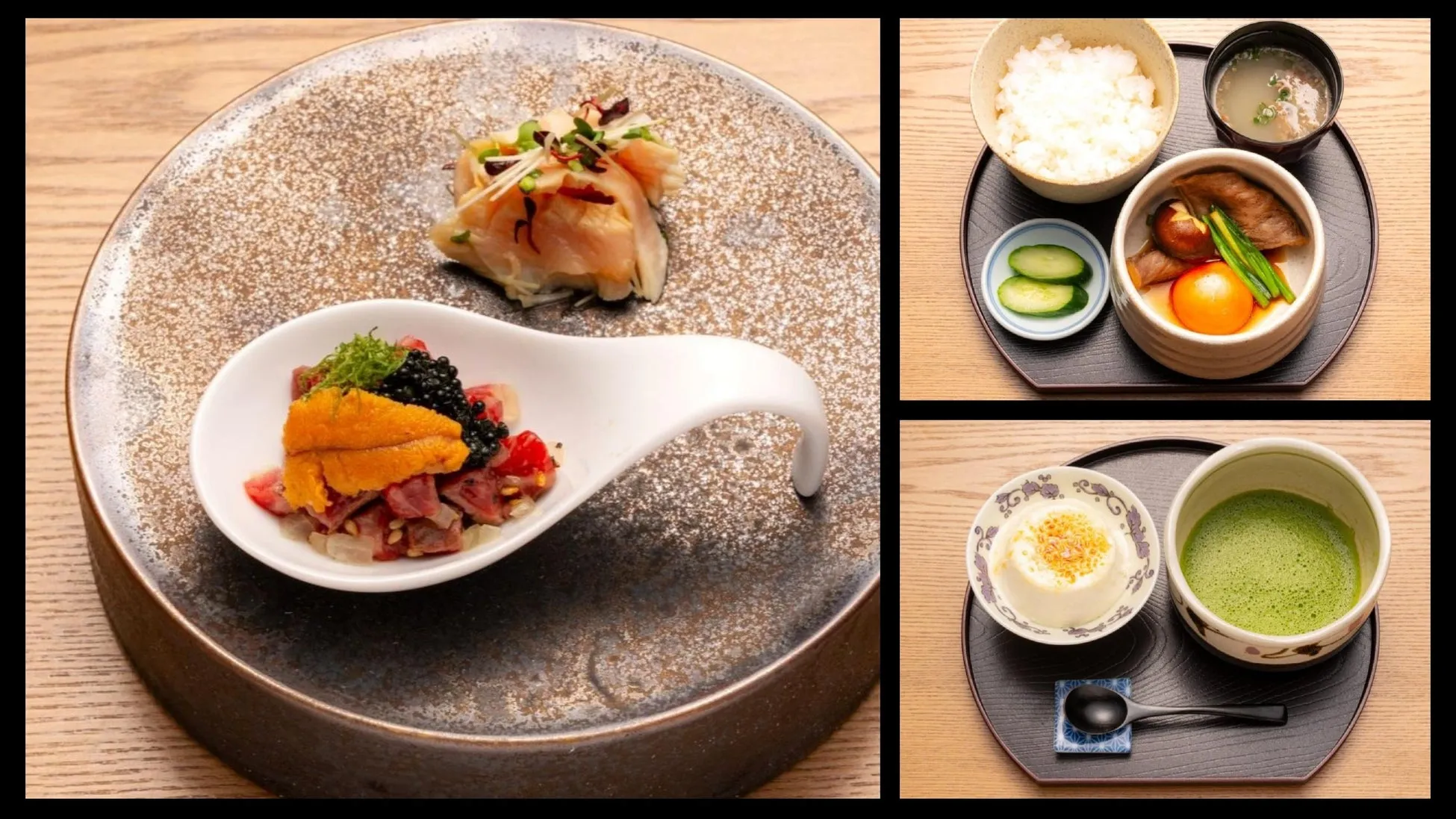 様々な料理が写った写真。ウニとイクラが乗ったおしゃれな料理や、ご飯、味噌汁、茶碗蒸し、抹茶など、様々な料理が写っています。