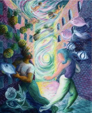 2人の人物が、パイナップル、魚、天使、渦巻きのあるカラフルな絵画。2人の人物は、それぞれ魚と渦巻きの中心にいるように見える。背景には建物とレンガの壁がある。