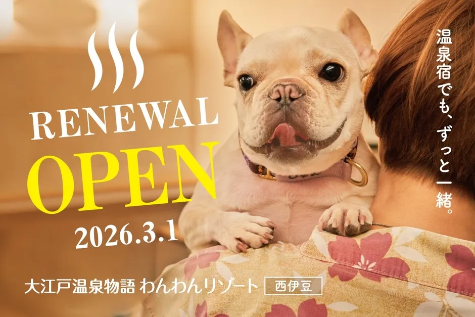温泉宿でも、ずっと一緒。 RENEWAL OPEN 2026.3.1 大江戸温泉物語 わんわんリゾート 西伊豆