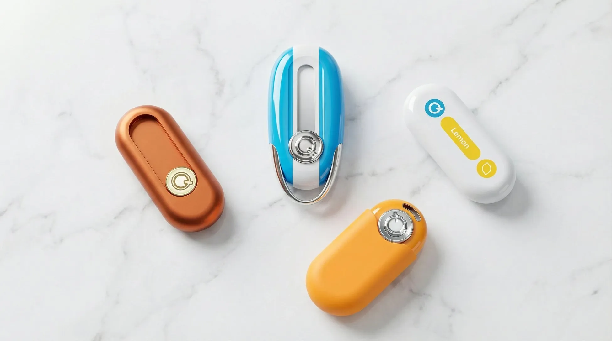 4つのカラフルなデバイスが、大理石の表面に置かれています。デバイスは、オレンジ、銅、青と白、白と黄色の色です。