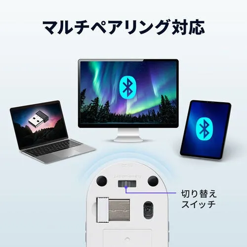 パソコン、モニター、タブレットに接続されたマウスの画像。切り替えスイッチでデバイスを切り替えることができる。