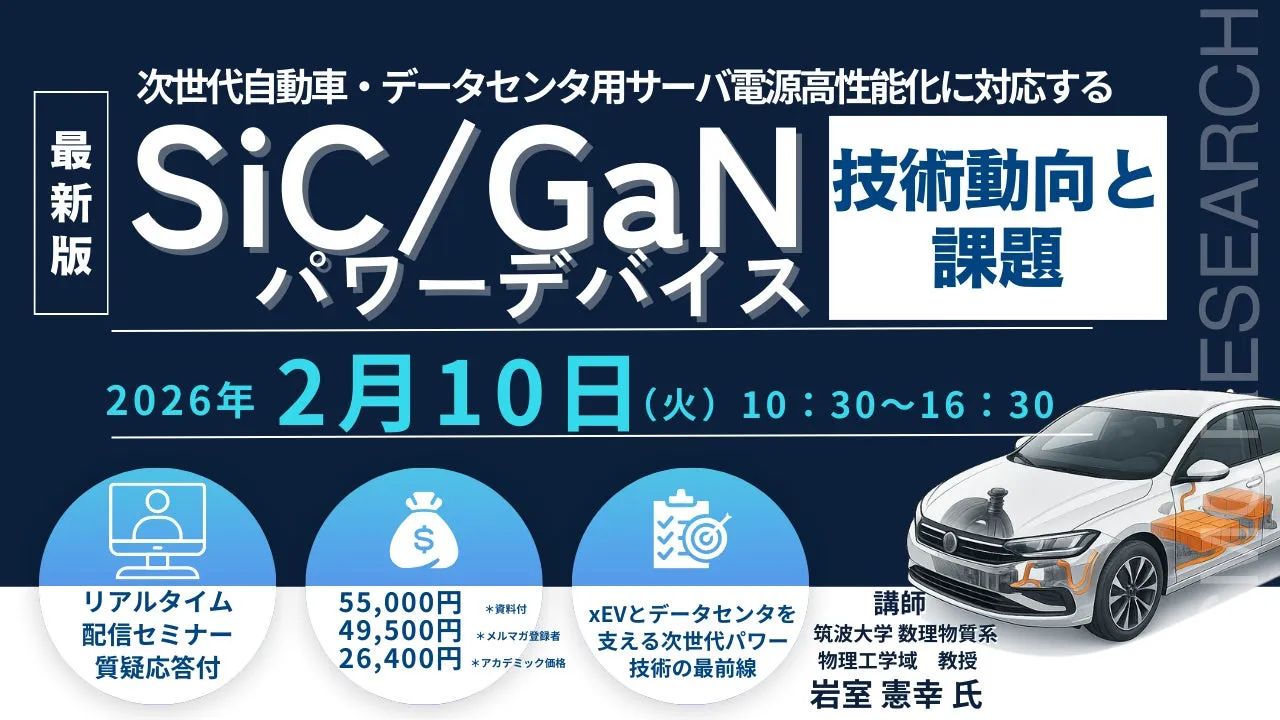SiC/GaN パワーデバイスに関するセミナーの告知画像。2026年2月10日に開催され、次世代自動車やデータセンター向けの電源高性能化技術に焦点を当てている。