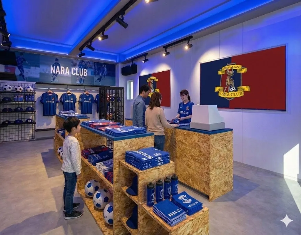 奈良クラブのショップの様子です。店内にはユニフォームやタオル、サッカーボールなどが販売されています。店員や買い物客の姿も見られます。