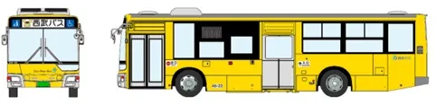 黄色いバスの正面と側面図