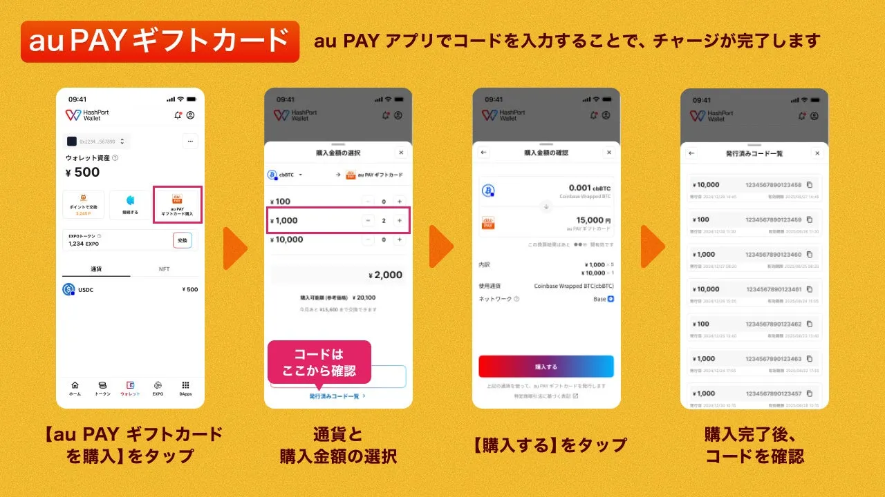 au PAY ギフトカード au PAY アプリでコードを入力することで、チャージが完了します