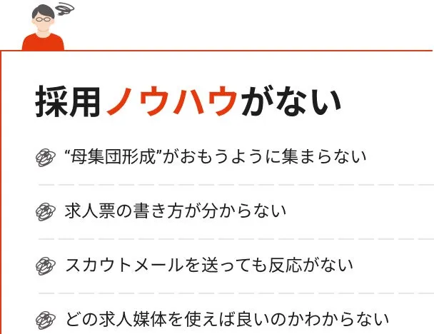 採用ノウハウがない “母集団形成”がおもうように集まらない 求人票の書き方が分からない スカウトメールを送っても反応がない どの求人媒体を使えば良いのかわからない