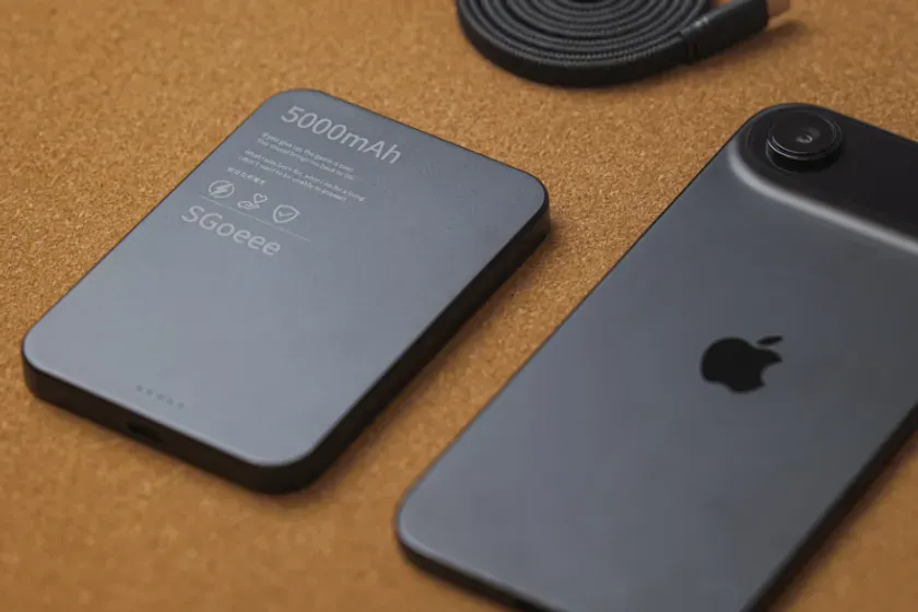 黒い5000mAhのモバイルバッテリーとiPhoneが茶色の表面に置かれている写真です。ケーブルも一部見えます。