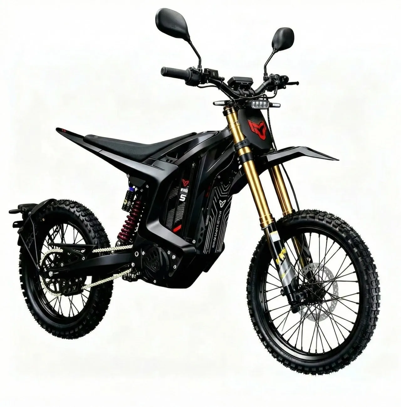 黒い電動バイクの画像です。金色のサスペンションフォークとオフロードタイヤが特徴です。バイクには、SVのロゴとV69の文字が見えます。