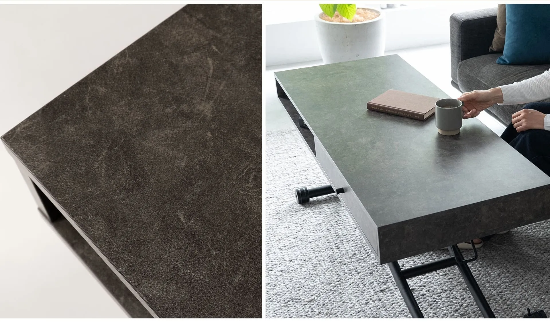 テーブルの上に本とマグカップが置かれ、人がマグカップを持っている様子が写っている。テーブルはリフトアップ式で、床にはカーペットが敷かれている。