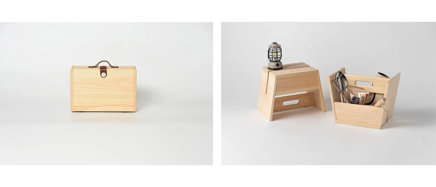 木製の収納ボックス、スツール、ランタン、道具が入ったボックス