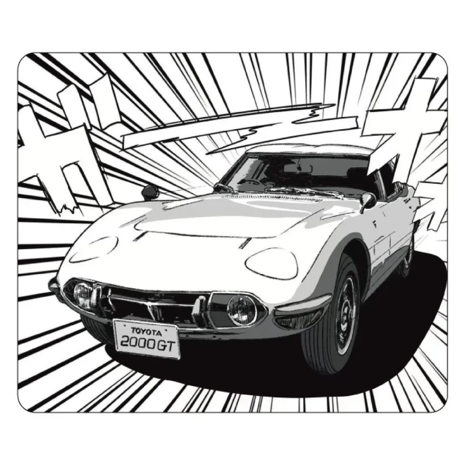 ダイナミックな漫画風の背景に、白いトヨタ2000GTが描かれたイラストです。スピード感あふれる集中線と効果音が特徴で、クラシックなスポーツカーの魅力を際立たせています。
