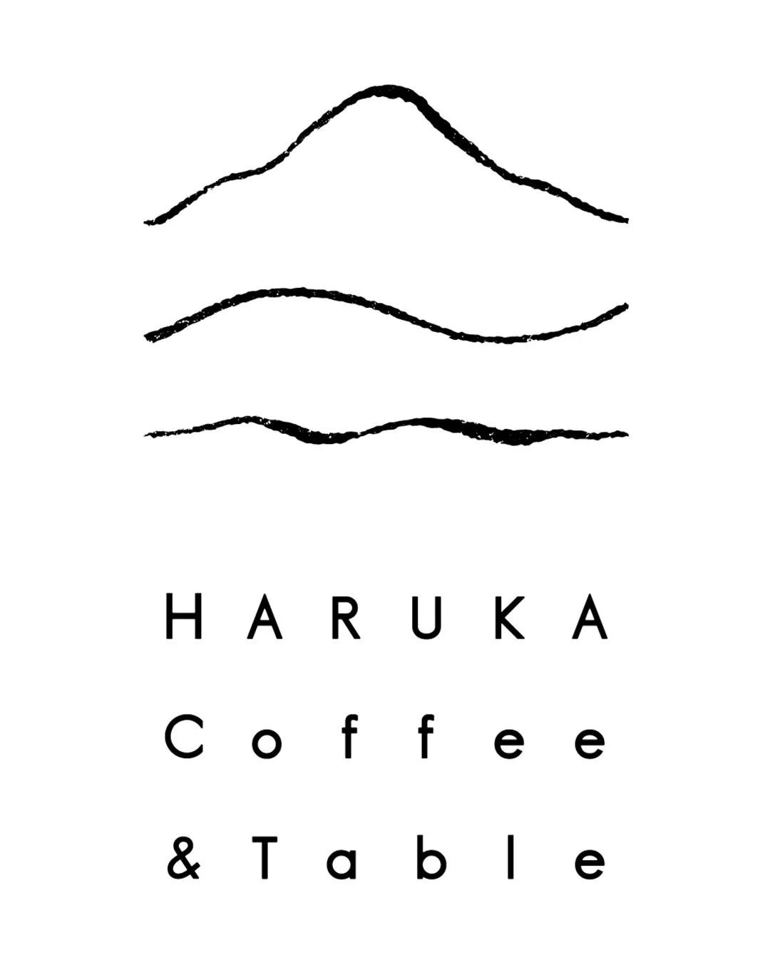 「HARUKA Coffee & Table」という文字と、3本の抽象的な波または山の形が描かれた白黒のミニマルなロゴデザインです。