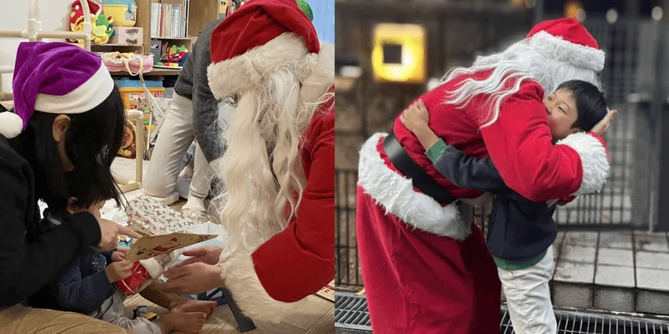 サンタクロースと子供たちの心温まるクリスマスの情景。室内でプレゼントを受け取る様子と、屋外でサンタを抱きしめる子供の姿が写っており、クリスマスの喜びと愛情が伝わります。