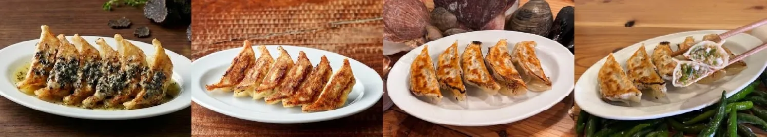 様々などんぶり、餃子、料理のクローズアップ写真。