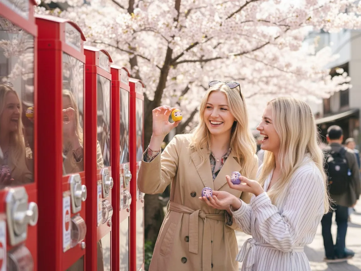 笑顔の女性と桜のガチャガチャ